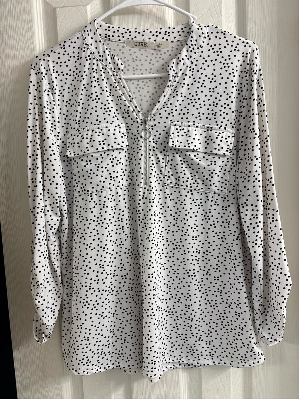 Cure White & Black Dot Print Zip-Front Blouse